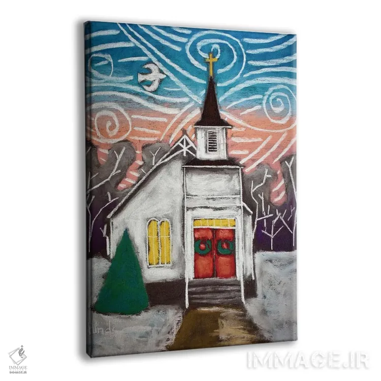 تابلو دکوراتیو کلیسا در منظره زمستانی اثر دیویدای هیندز - نمای پرسپکتیو محصول
