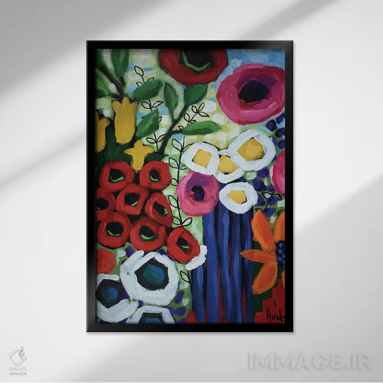 تابلو انتزاعی باغ گل انتزاعی اثر دیویدای هیندز - نمای قابدار مشکی