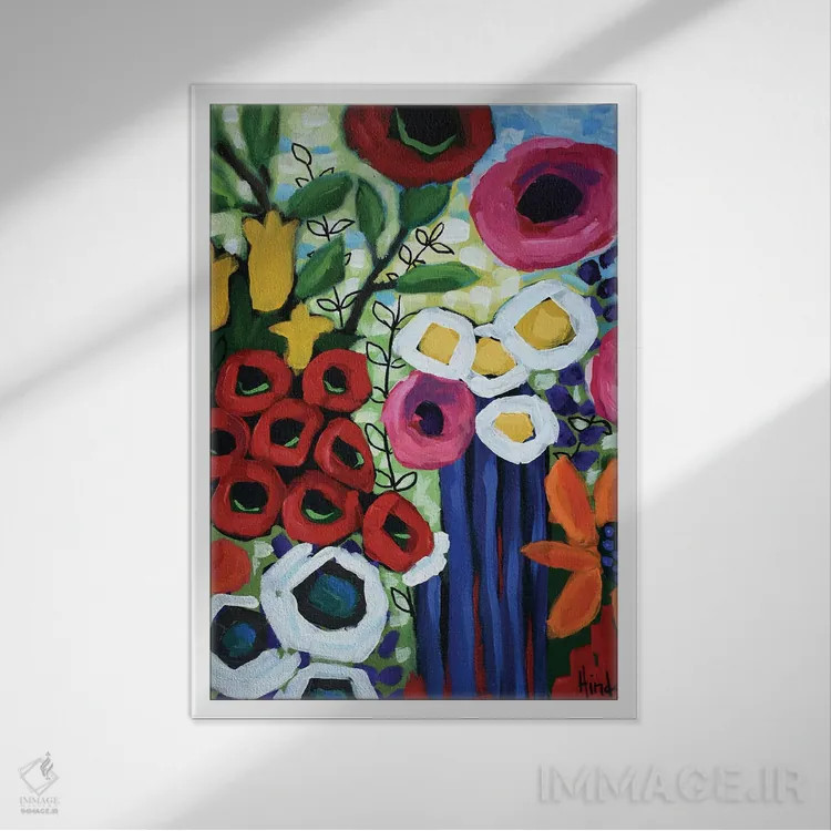 تابلو انتزاعی باغ گل انتزاعی اثر دیویدای هیندز - نمای قابدار سفید