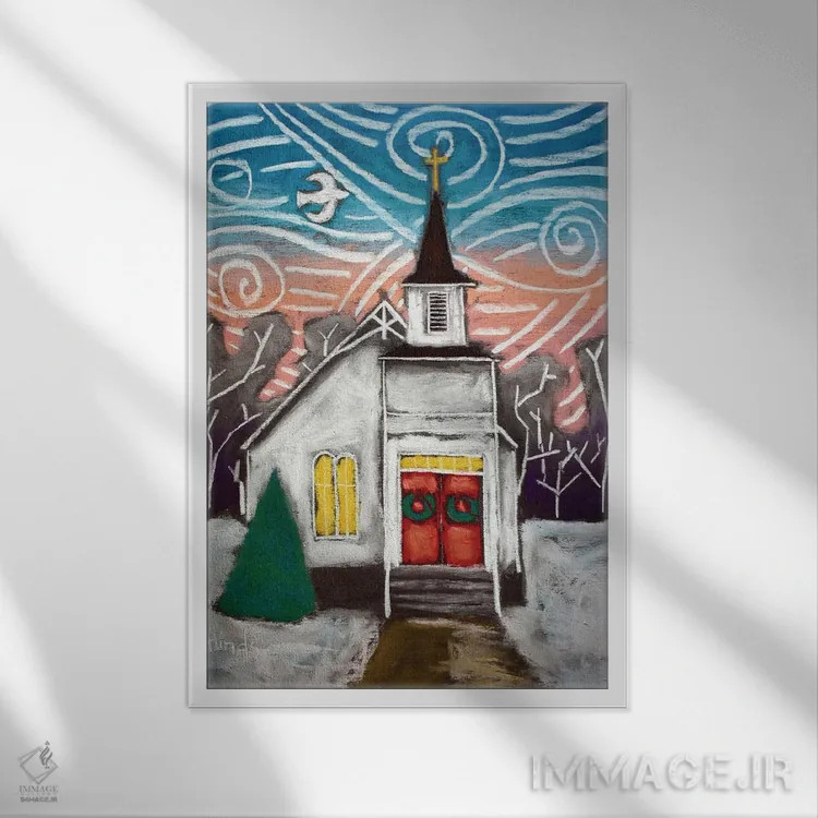 تابلو دکوراتیو کلیسا در منظره زمستانی اثر دیویدای هیندز - نمای قابدار سفید