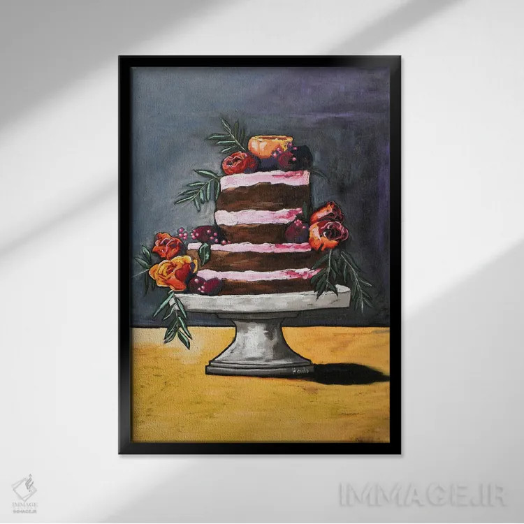 تابلو دکوراتیو کیک لبو و ترافل گل رز اثر دیویدای هیندز - نمای قابدار مشکی