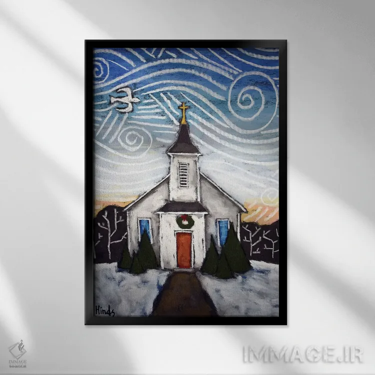 تابلو دکوراتیو کلیسا در منظره زمستانی II اثر دیویدای هیندز - نمای قابدار مشکی