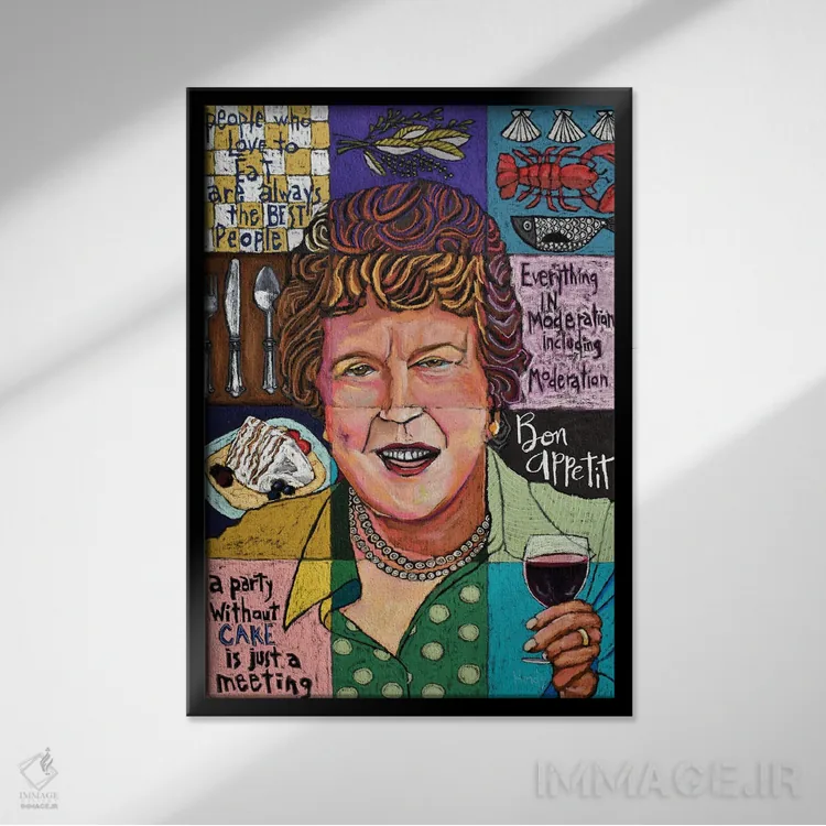 تابلو دکوراتیو کلاژ جولیا چایلد اثر دیویدای هیندز - نمای قابدار مشکی