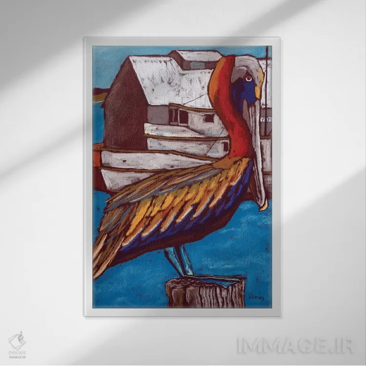 تابلو دکوراتیو پلیکان رنگی بر اسکله ماهی گیری قدیمی اثر دیویدای هیندز - نمای قابدار سفید