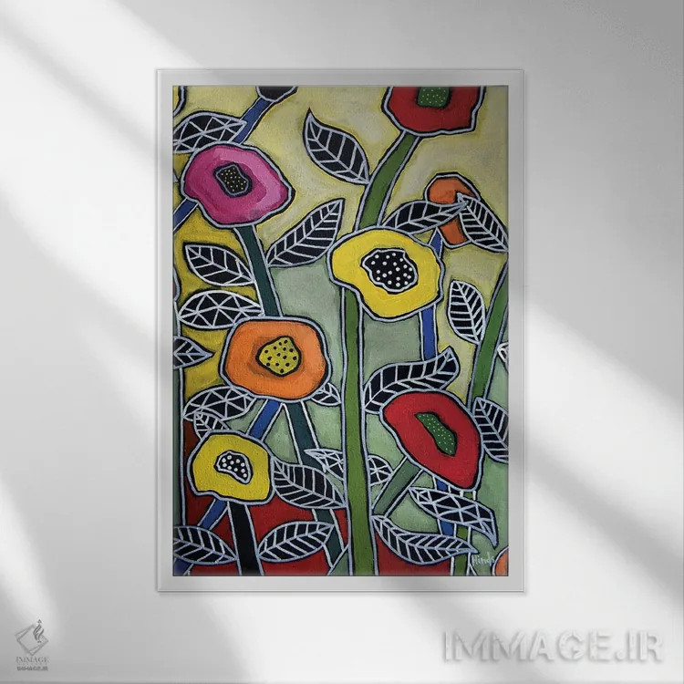 تابلو دکوراتیو موزاییک گل ها اثر دیویدای هیندز - نمای قابدار سفید