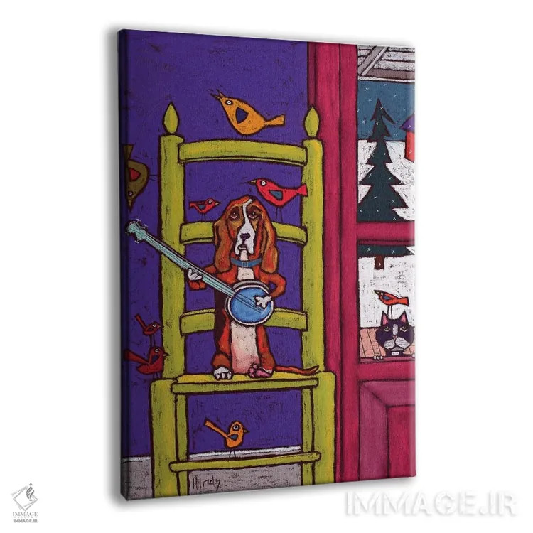 تابلو دکوراتیو سگ باست هوند در حال نواختن بانجو برای پرندگان اثر دیویدای هیندز - نمای پرسپکتیو محصول