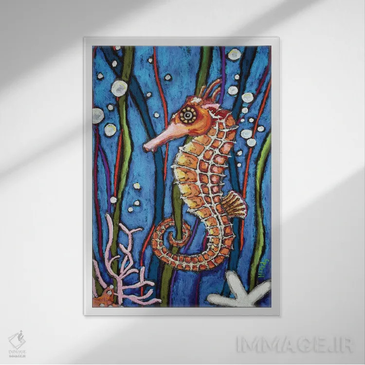 تابلو دکوراتیو اسب دریایی رنگارنگ اثر دیویدای هیندز - نمای قابدار سفید