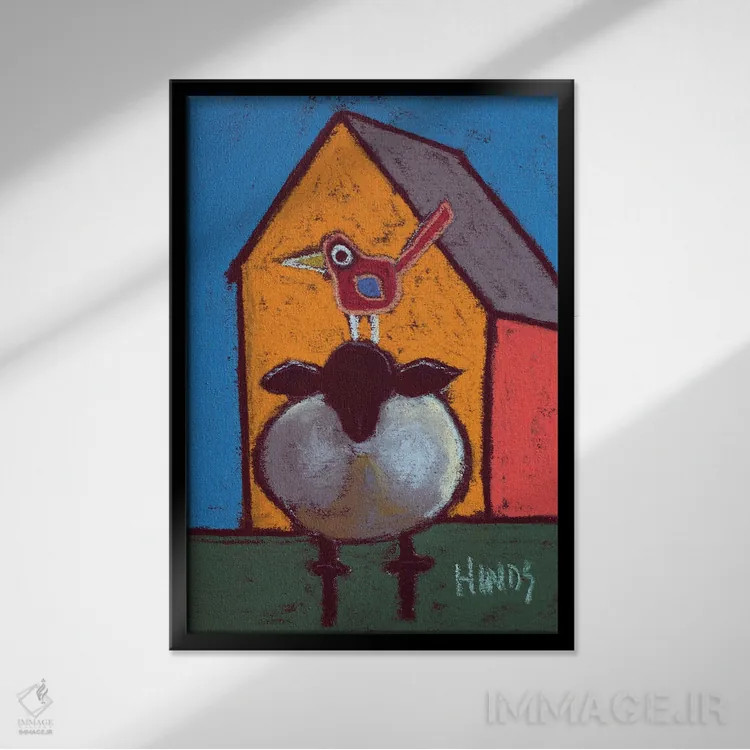 تابلو دکوراتیو گوسفند و طویله انتزاعی اثر دیویدای هیندز - نمای قابدار مشکی