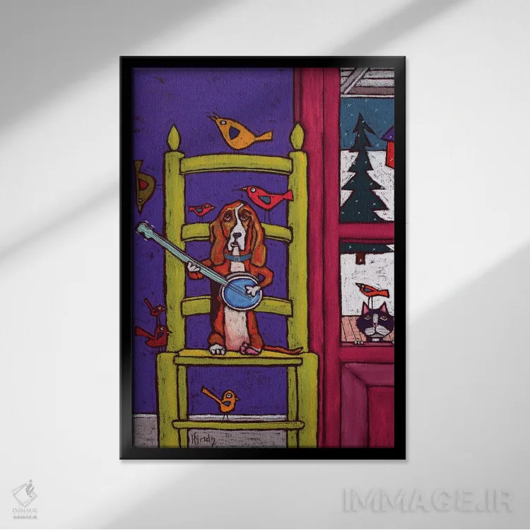 تابلو دکوراتیو سگ باست هوند در حال نواختن بانجو برای پرندگان اثر دیویدای هیندز - نمای قابدار مشکی