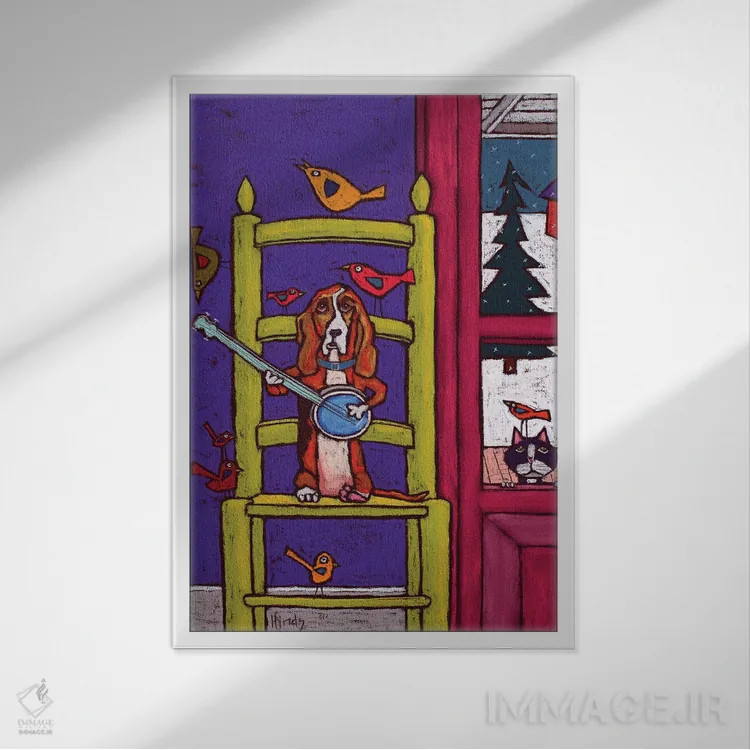 تابلو دکوراتیو سگ باست هوند در حال نواختن بانجو برای پرندگان اثر دیویدای هیندز - نمای قابدار سفید