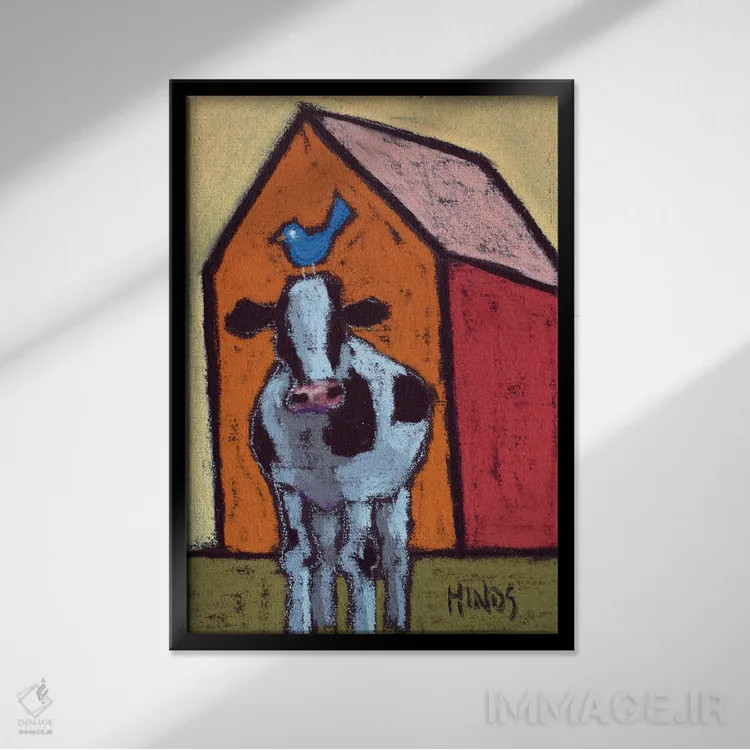 تابلو دکوراتیو گاو انتزاعی در حیاط طویله اثر دیویدای هیندز - نمای قابدار مشکی