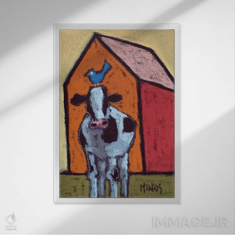 تابلو دکوراتیو گاو انتزاعی در حیاط طویله اثر دیویدای هیندز - نمای قابدار سفید