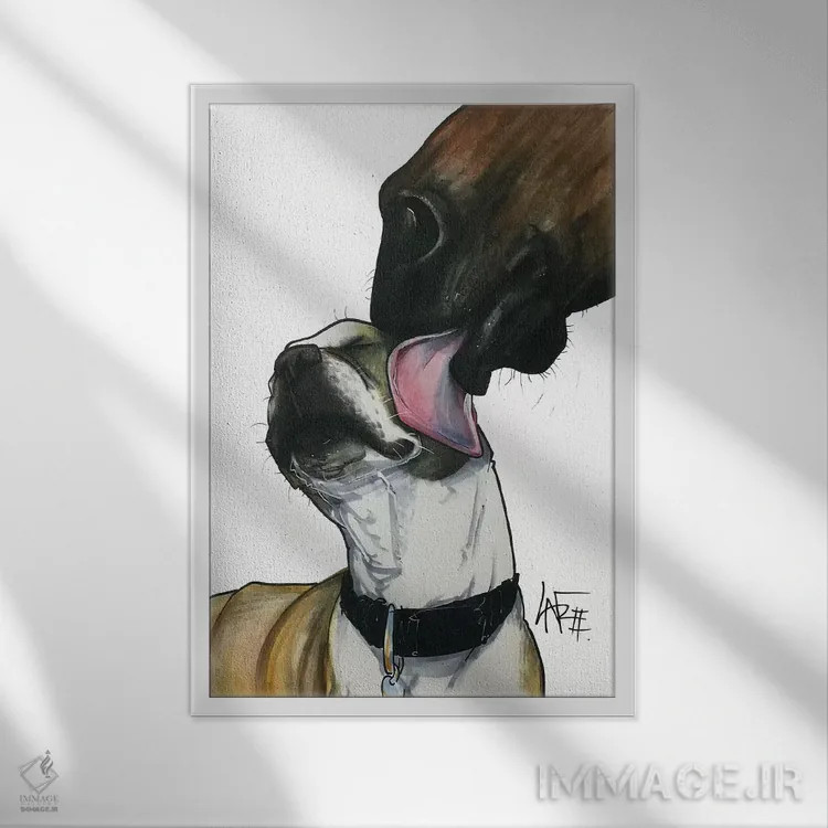 تابلو دکوراتیو اسب هدیه اثر کاریکاتورهای سگ - نمای قابدار سفید