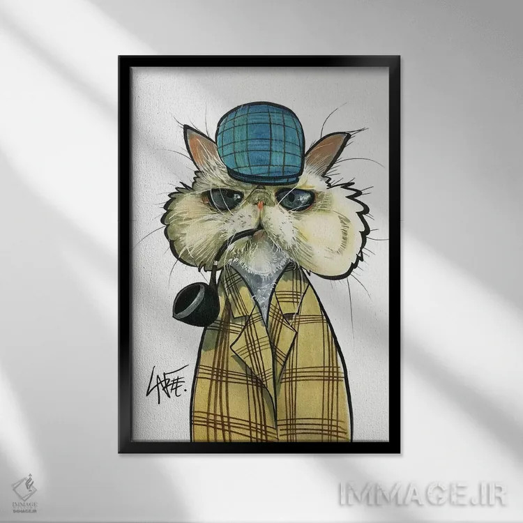 تابلو دکوراتیو گربه کارآگاه اثر کاریکاتورهای سگ - نمای قابدار مشکی