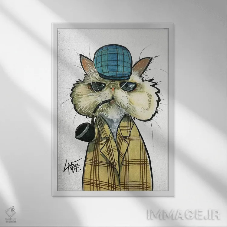 تابلو دکوراتیو گربه کارآگاه اثر کاریکاتورهای سگ - نمای قابدار سفید