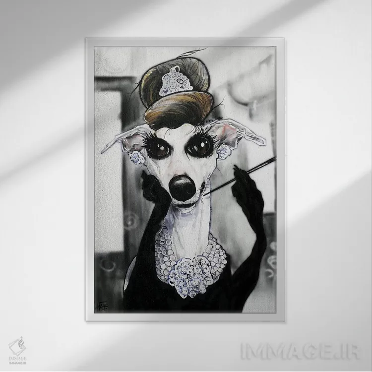 تابلو دکوراتیو سپیده دم در تیفانی با ویپت اثر کاریکاتورهای سگ - نمای قابدار سفید