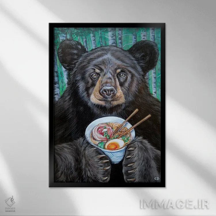 تابلو دکوراتیو خرس شکمو اثر سیندی دودس - نمای قابدار مشکی