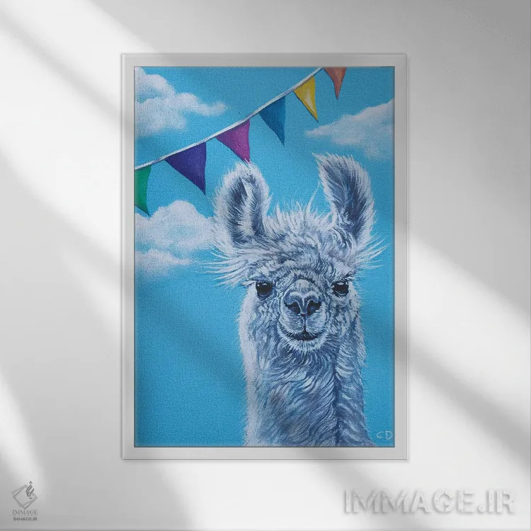 تابلو دکوراتیو مهمانی لاماها اثر سیندی دودس - نمای قابدار سفید