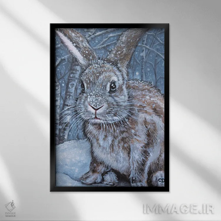 تابلو دکوراتیو خرگوش زمستانی اثر سیندی دودس - نمای قابدار مشکی