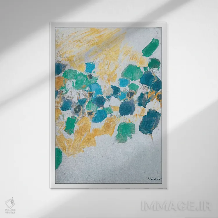 تابلو دکوراتیو گره های طلایی و سبزآبی اثر آن مری کولیک - نمای قابدار سفید