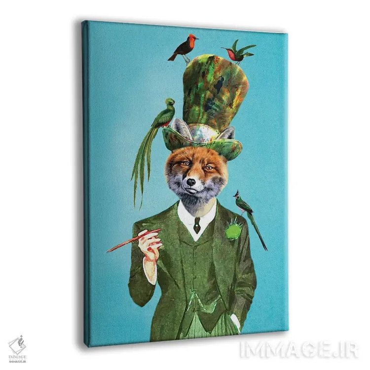 تابلو دکوراتیو روباه با کلاه و پرندگان اثر کوکو د پاریس - نمای پرسپکتیو محصول