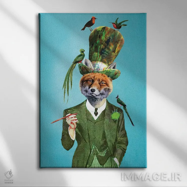 تابلو دکوراتیو روباه با کلاه و پرندگان اثر کوکو د پاریس - نمای روبهرو روی دیوار