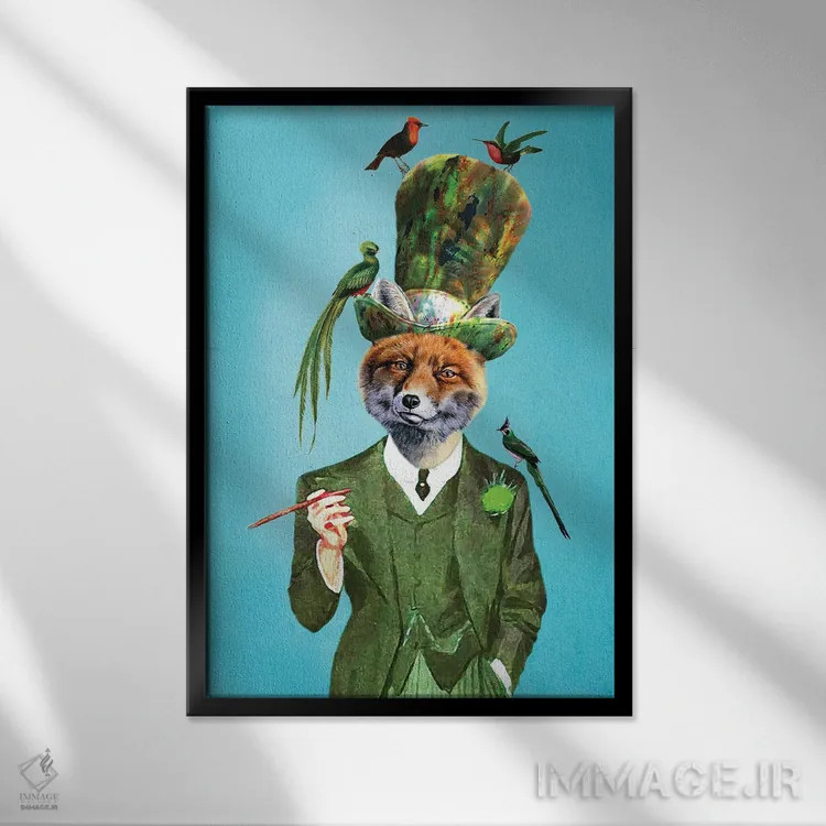 تابلو دکوراتیو روباه با کلاه و پرندگان اثر کوکو د پاریس - نمای قابدار مشکی