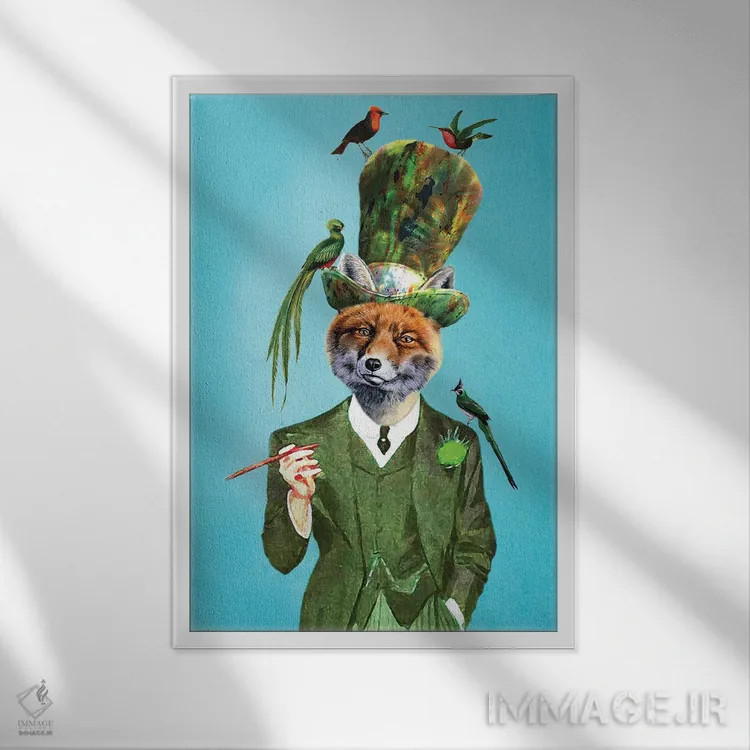 تابلو دکوراتیو روباه با کلاه و پرندگان اثر کوکو د پاریس - نمای قابدار سفید