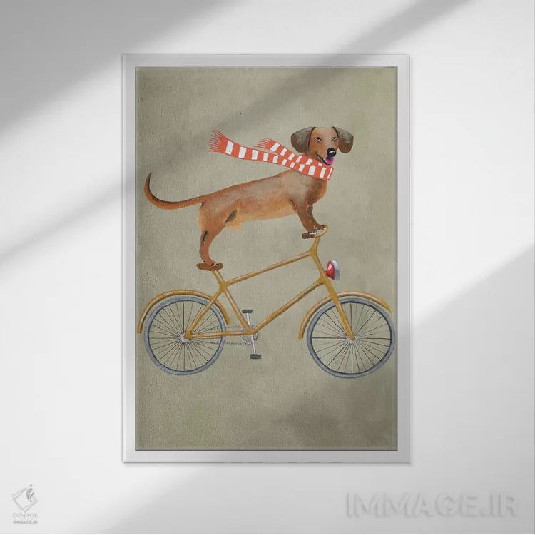 تابلو دکوراتیو داکشوند روی دوچرخه ۲ اثر کوکو د پاریس - نمای قابدار سفید