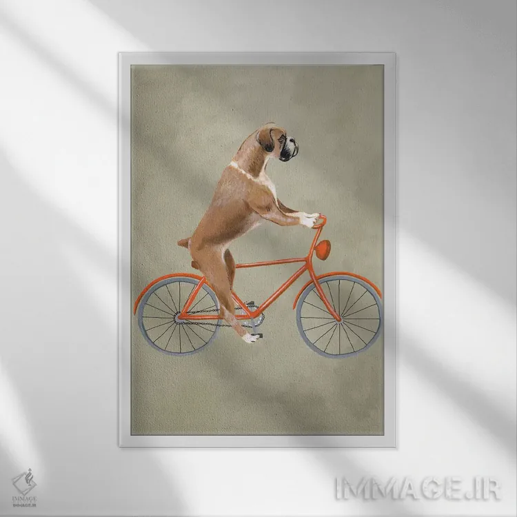 تابلو دکوراتیو باکسر روی دوچرخه اثر کوکو د پاریس - نمای قابدار سفید