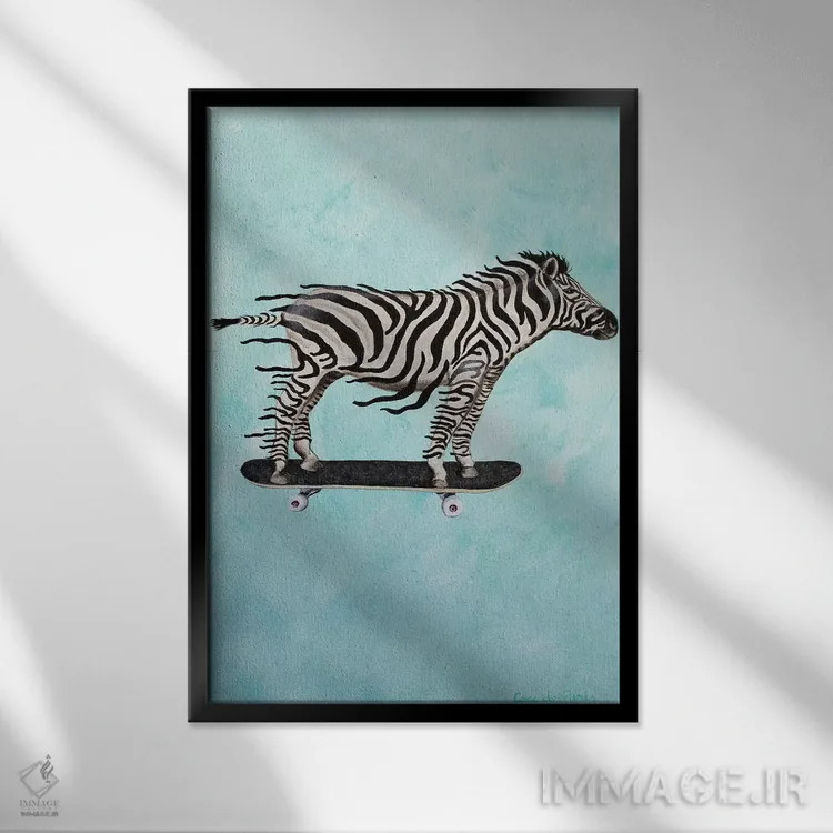 تابلو دکوراتیو گورخر اسکیت سوار اثر کوکو د پاریس - نمای قابدار مشکی