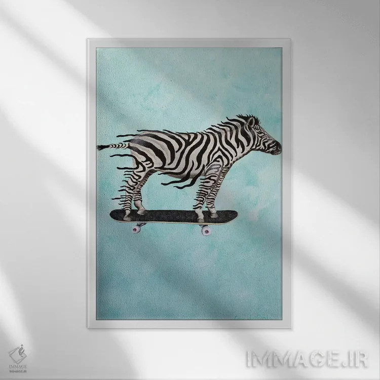 تابلو دکوراتیو گورخر اسکیت سوار اثر کوکو د پاریس - نمای قابدار سفید