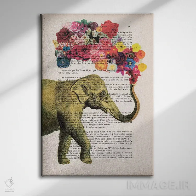 تابلو دکوراتیو فیل با گل ها اثر کوکو د پاریس - نمای روبهرو روی دیوار