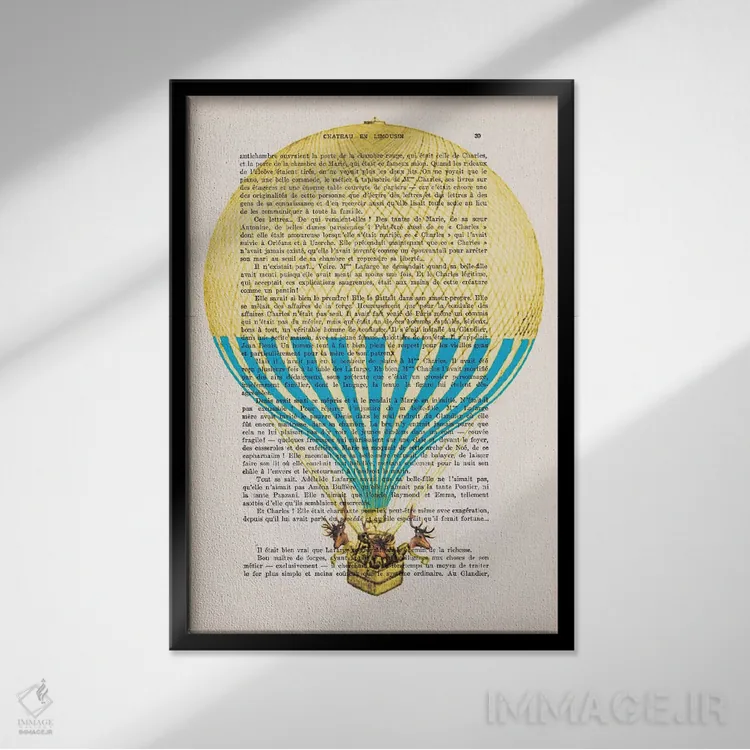 تابلو دکوراتیو گوزن در بالون هوای گرم اثر کوکو د پاریس - نمای قابدار مشکی