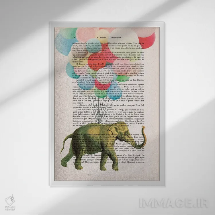 تابلو دکوراتیو فیل با بادکنک ها اثر کوکو د پاریس - نمای قابدار سفید