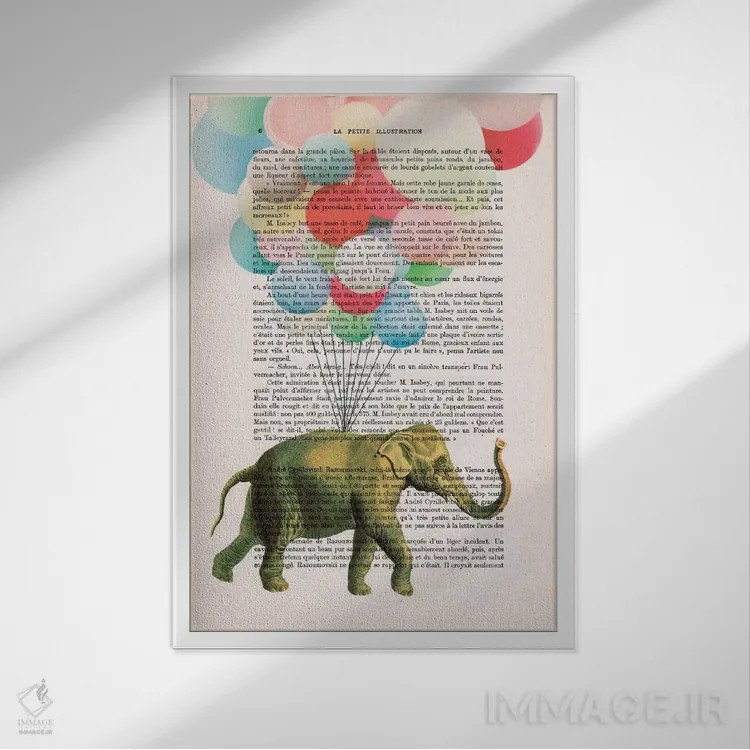 تابلو دکوراتیو فیل با بادکنک ها اثر کوکو د پاریس - نمای قابدار سفید