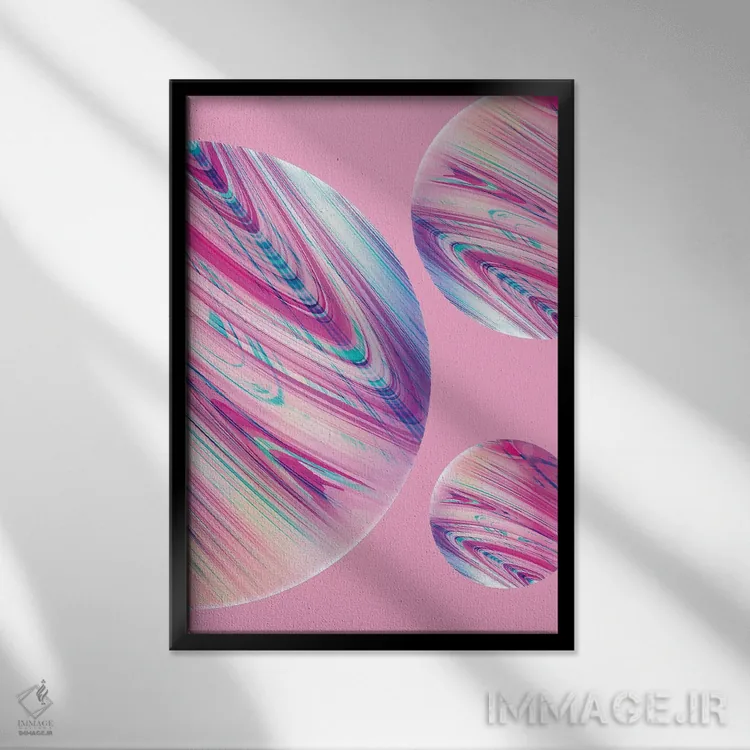 تابلو دکوراتیو سیارات روی زمینه صورتی اثر امانوئلا کاراتونی - نمای قابدار مشکی