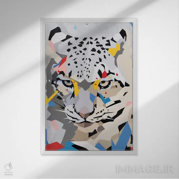 تابلو دکوراتیو پلنگ برفی اثر داز - نمای قابدار سفید