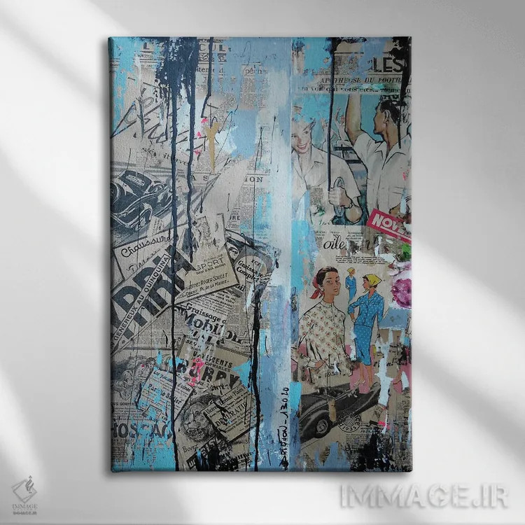 تابلو دکوراتیو کلژ روزنامه ای اثر دیوید دریوتون - نمای روبهرو روی دیوار