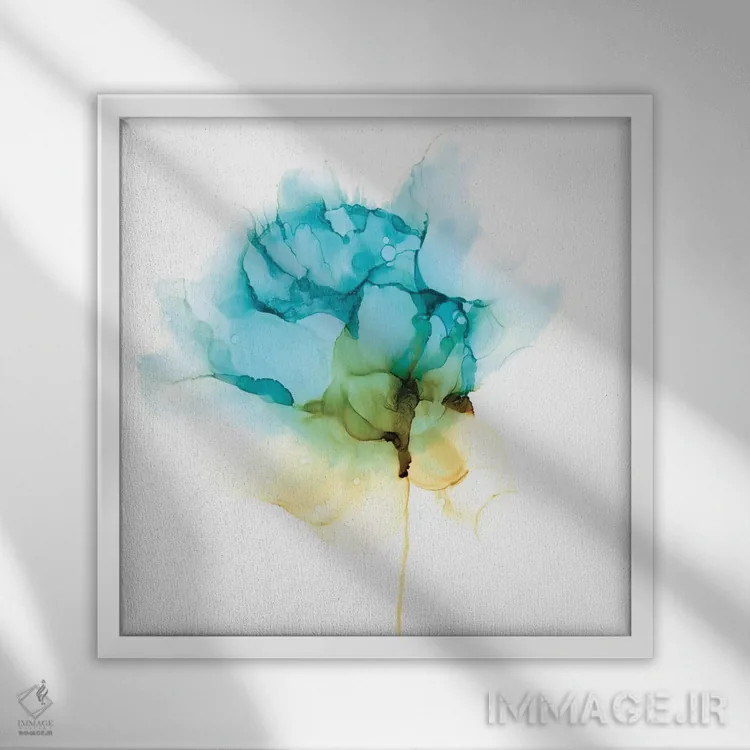 تابلو دکوراتیو شکوفایی فیروزه ای یک اثر جنیفر گلدبرگر - نمای قابدار سفید