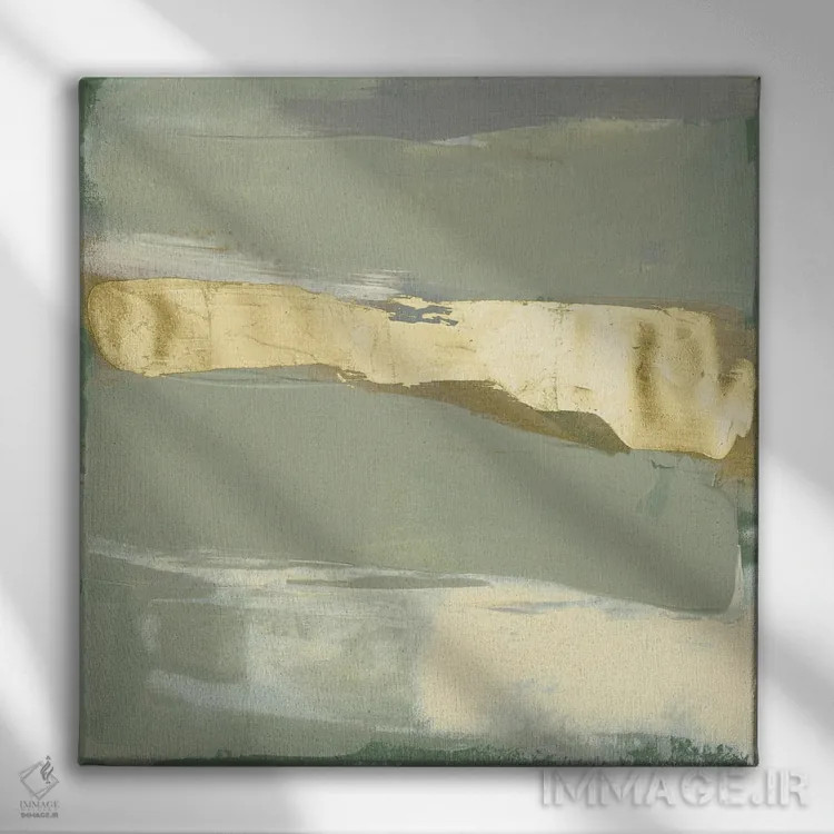 تابلو دکوراتیو حرکت قلم مریم گلی و طلا III اثر جنیفر گلدبرگر - نمای روبهرو روی دیوار