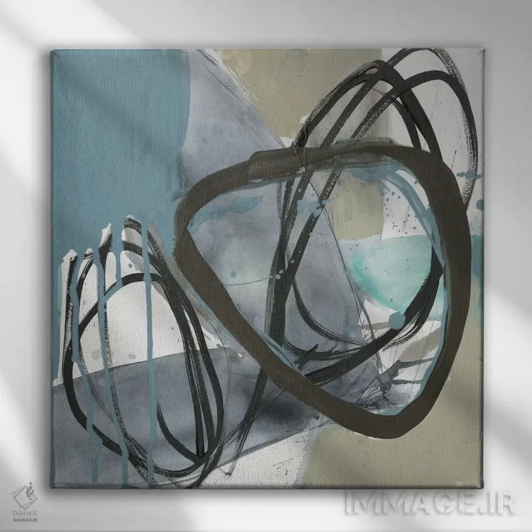 تابلو دکوراتیو اخرایی و سیاه بر روی آبی II اثر جنیفر گلدبرگر - نمای روبهرو روی دیوار