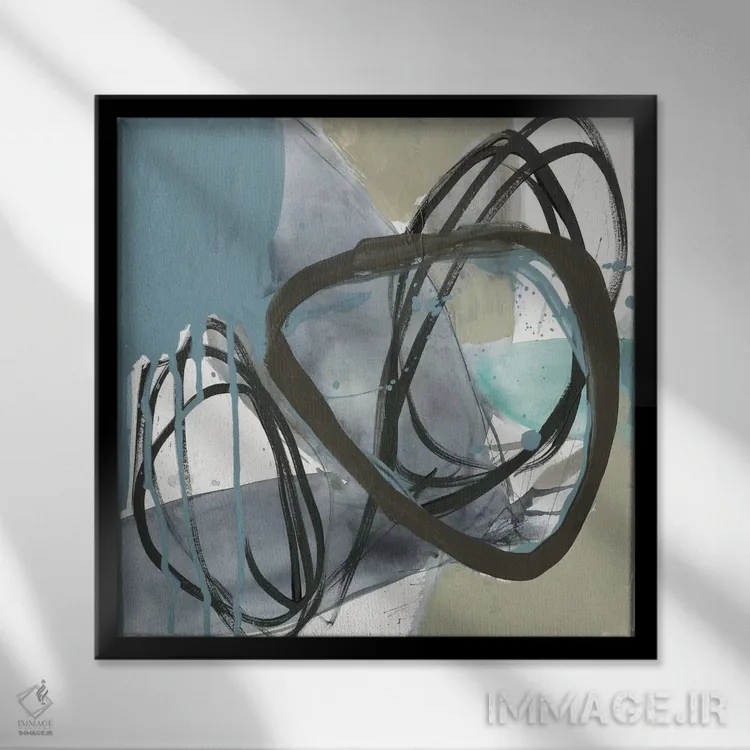 تابلو دکوراتیو اخرایی و سیاه بر روی آبی II اثر جنیفر گلدبرگر - نمای قابدار مشکی