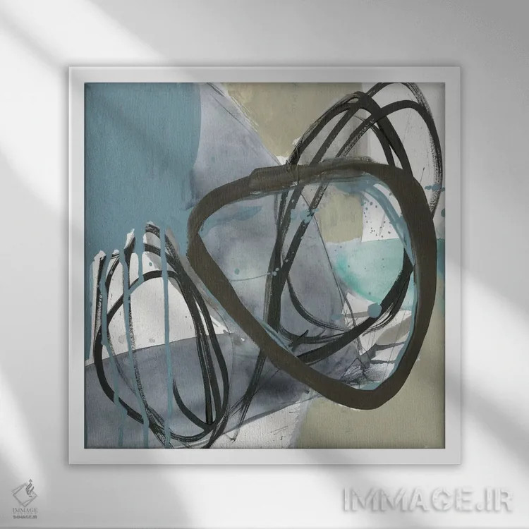 تابلو دکوراتیو اخرایی و سیاه بر روی آبی II اثر جنیفر گلدبرگر - نمای قابدار سفید