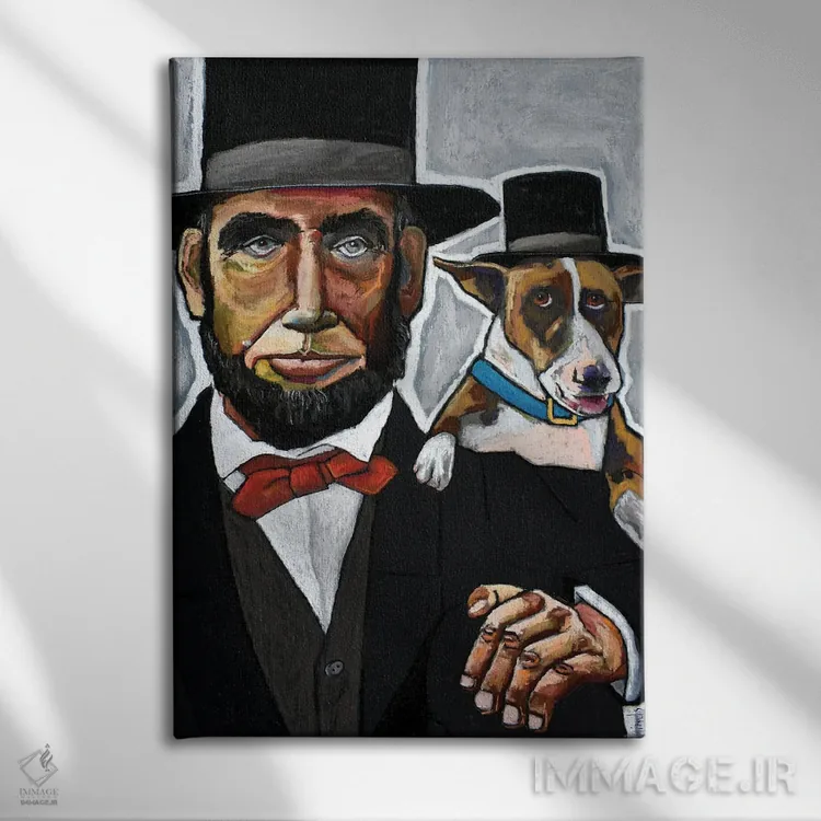 تابلو دکوراتیو آبراهام لینکلن با سگش اثر دیویدای هیندز - نمای روبهرو روی دیوار