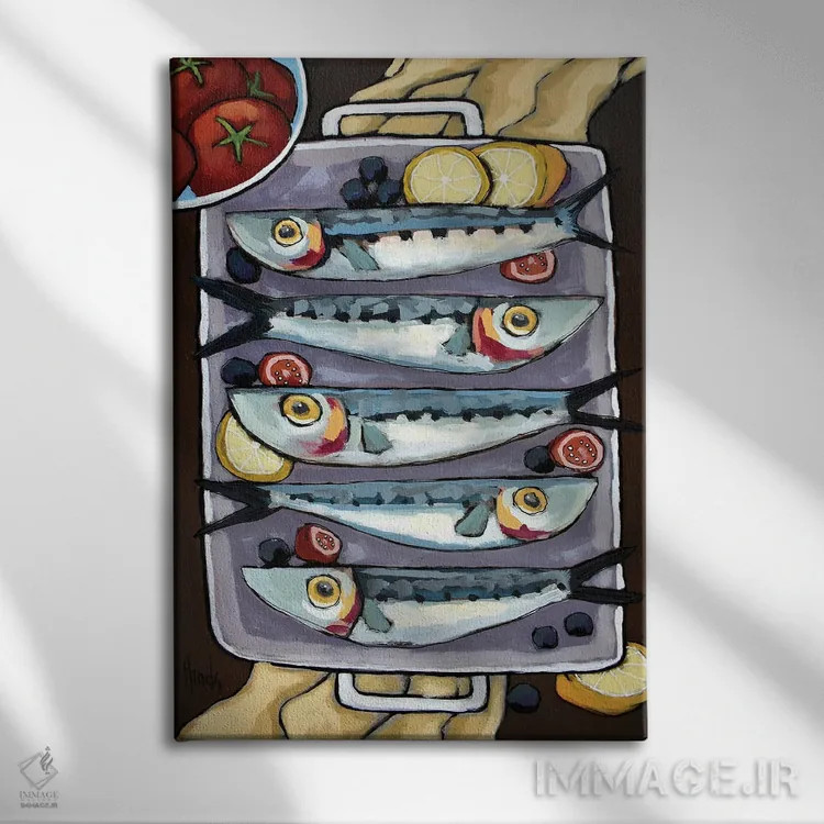 تابلو دکوراتیو ماهی با گوجه فرنگی و سایر مواد اثر دیویدای هیندز - نمای روبهرو روی دیوار