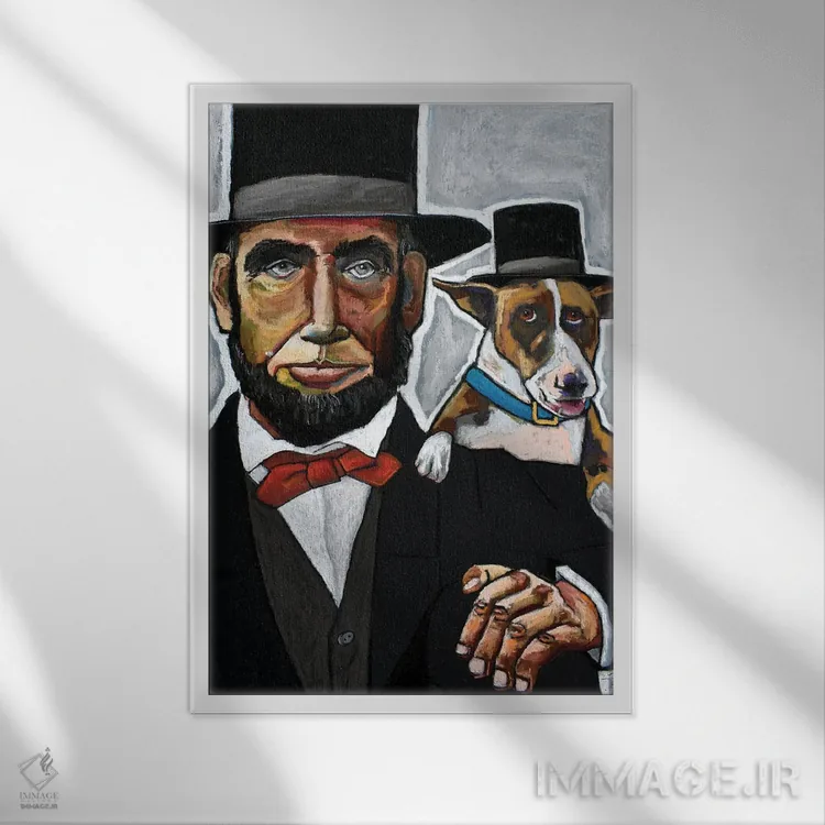 تابلو دکوراتیو آبراهام لینکلن با سگش اثر دیویدای هیندز - نمای قابدار سفید