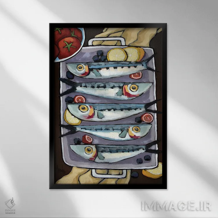 تابلو دکوراتیو ماهی با گوجه فرنگی و سایر مواد اثر دیویدای هیندز - نمای قابدار مشکی
