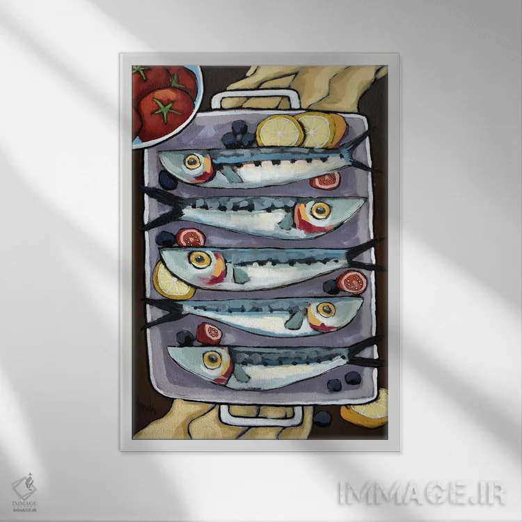 تابلو دکوراتیو ماهی با گوجه فرنگی و سایر مواد اثر دیویدای هیندز - نمای قابدار سفید