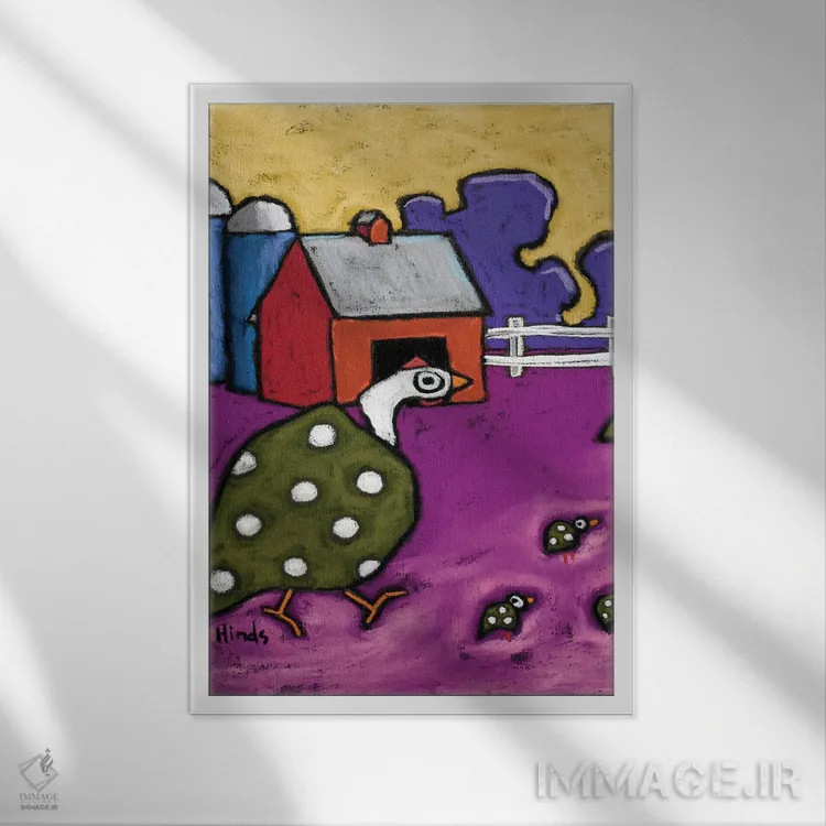 تابلو دکوراتیو مرغ گینه و جوجه هایش اثر دیویدای هیندز - نمای قابدار سفید